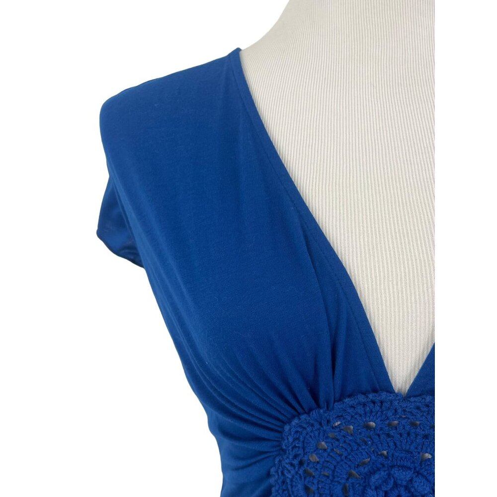 Y2K Royal Blue Deep V-Neck Crochet Accent Boho Top Cottagecore Soft Girl Casual - Picture 4 of 10